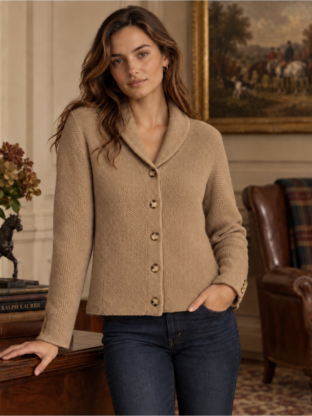 Lauren Ralph Lauren 100% Lambswool Shawl Collar Cardigan Sweater L Camel